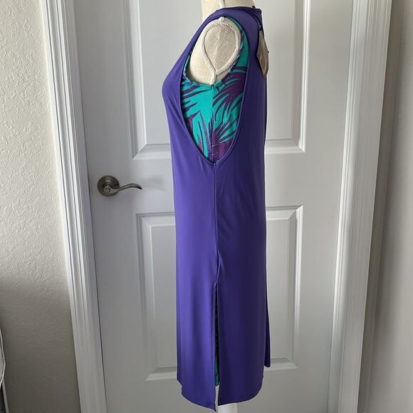 Inman Global Chic Purple & Green Palm Frond Sleeveless Dress - Picture 1 of 10